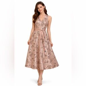 ADRIANNA PAPELL Jacquard A-line Rose Gold Floral Satin Gown Prom Wedding Gala